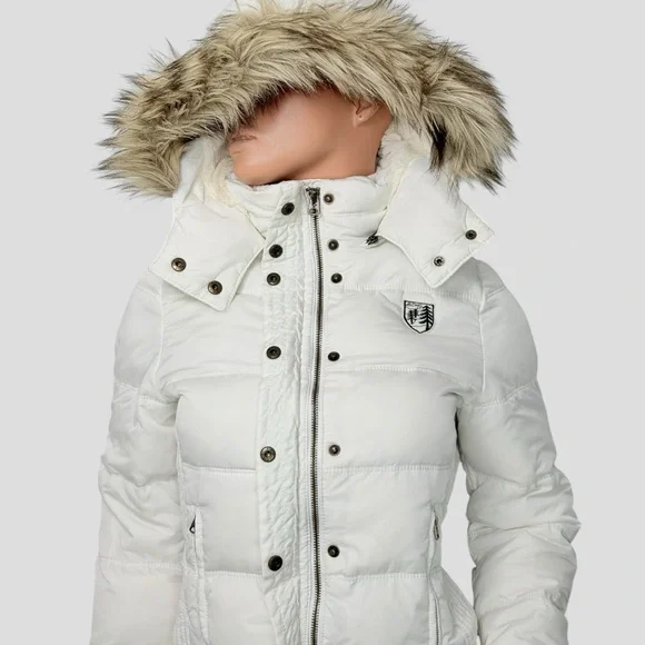 American Eagle Down Feather Puffer Jacket M White Faux Fur Hood Y2K Snow Bunny - Picture 7 of 15